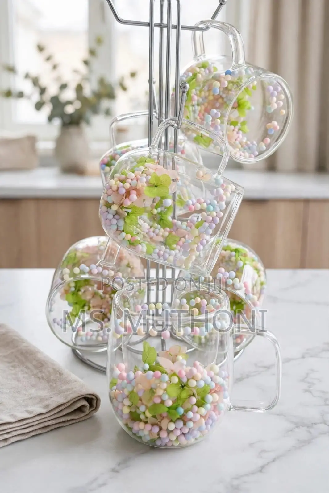 3 PCs Double-Wall Glass Mugs With Real Dried Flowers & Colorful Beads