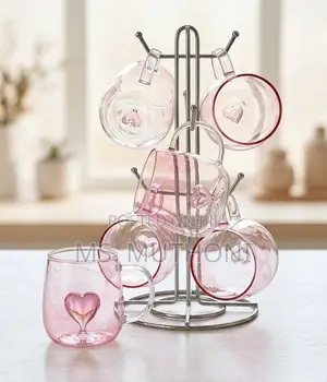 3 PCs Clear Glass Mugs With a Pink Tint and Red Rims