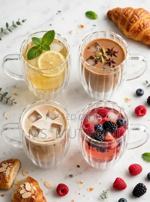 3 PCs Fluted Double Wall Glass Mug - 350ML