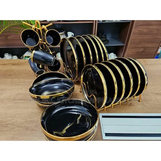 24-Piece Black & Gold Rim Ceramic Dinner Set