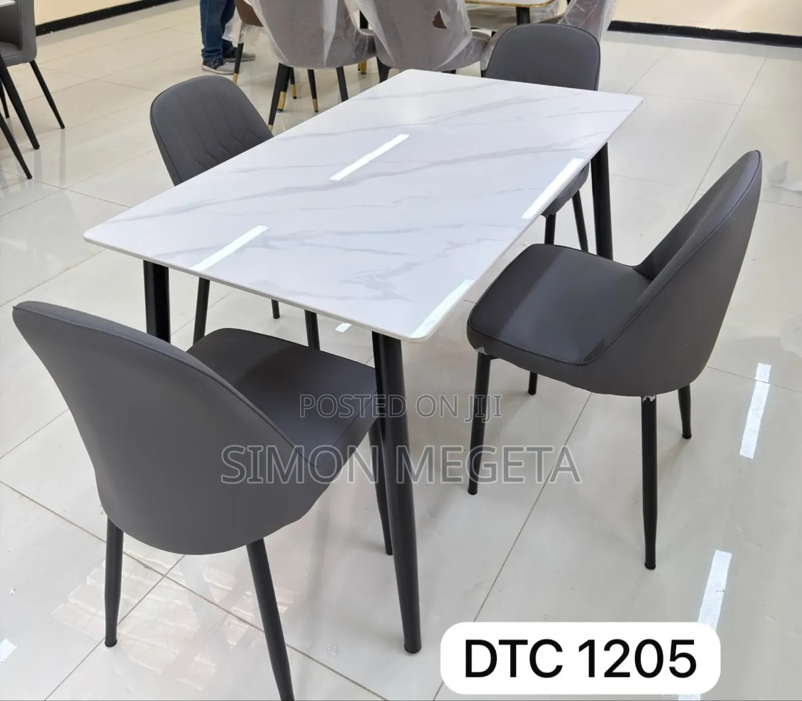 Modern White Marble Dining Table Set With 4 Grey Upholstered Chairs