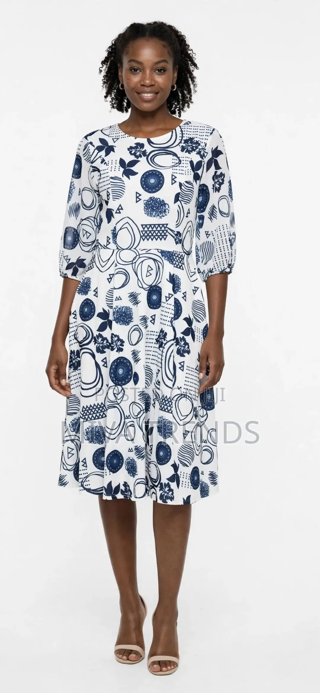 Classy Skater White /Blue Print Dress