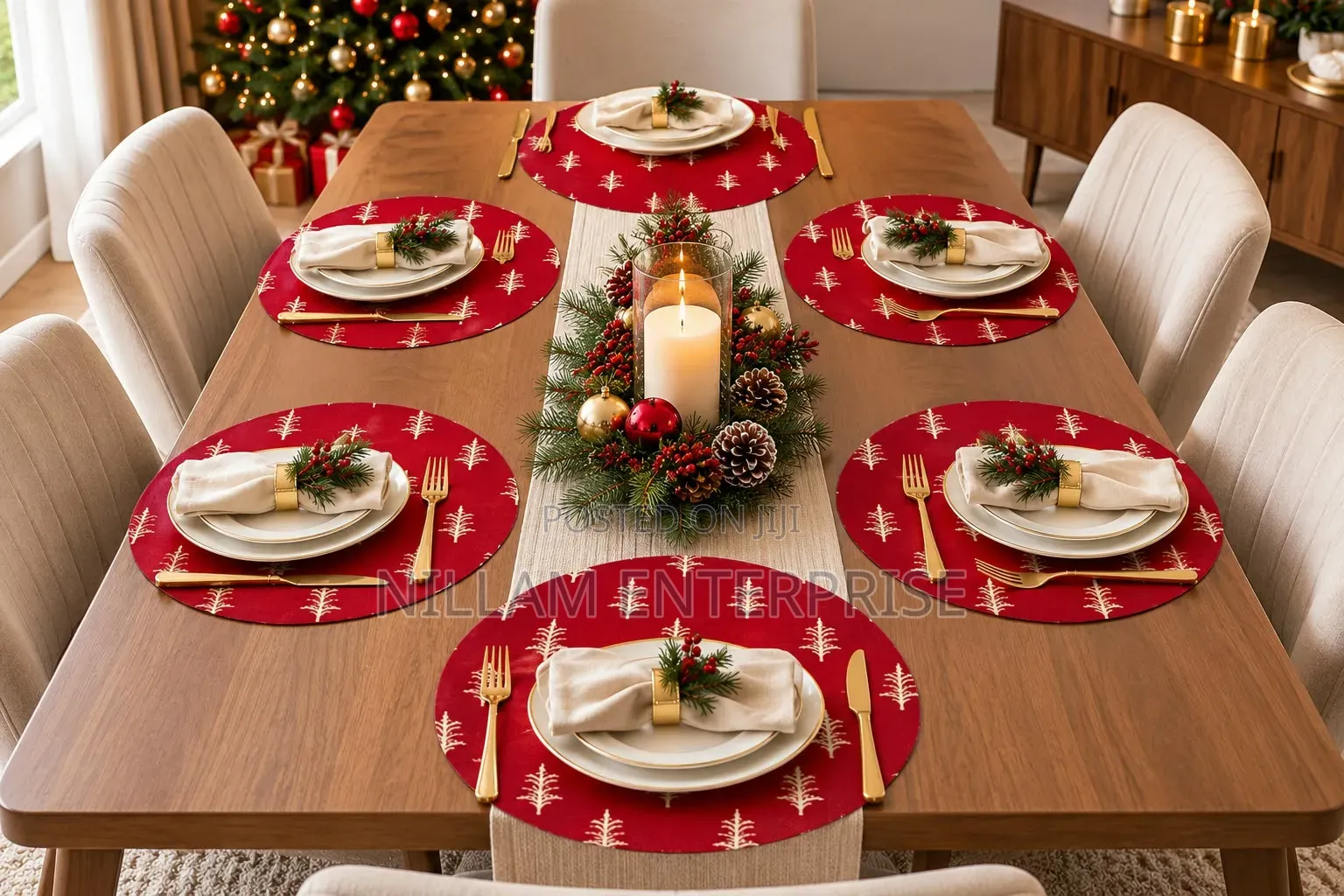 6-Piece White Christmas Tree Round Placemats