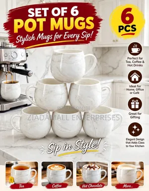 Set of 6 Pot Mugs - Marble White - 6Pcs - Ceramic - New