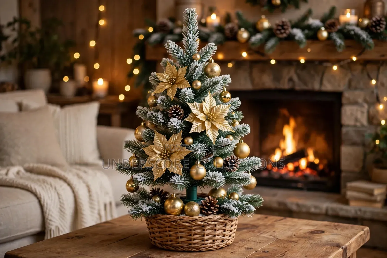 Classic Snowy Christmas Tree With Gold Elegance.