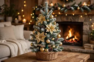 Classic Snowy Christmas Tree With Gold Elegance.