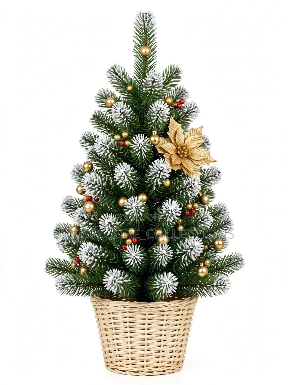 Classic Snowy Christmas Tree With Gold Elegance.