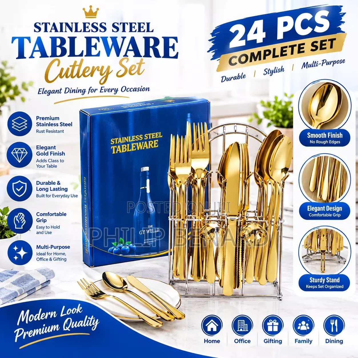 24-Piece Gold Stainless Steel Cutlery Set