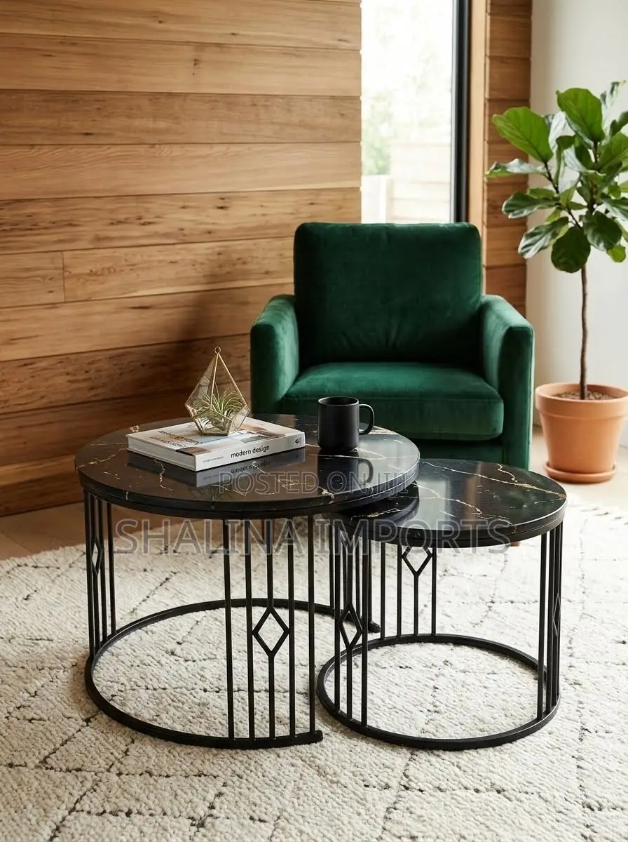 2in1 Round Black Marble Effect Nesting Coffee Tables