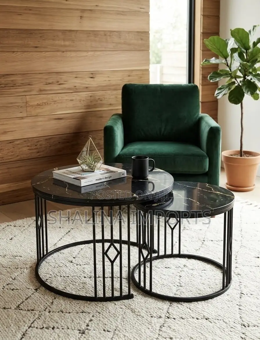 2in1 Round Black Marble Effect Nesting Coffee Tables