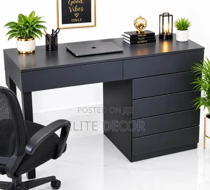 Modern Black Home Office Study Desk With Integrated 5-Drawer Storage