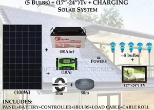 100W Solar+ 50Ah Gel + 10A Controller + 10m Cable + 4 Bulbs Full Kit