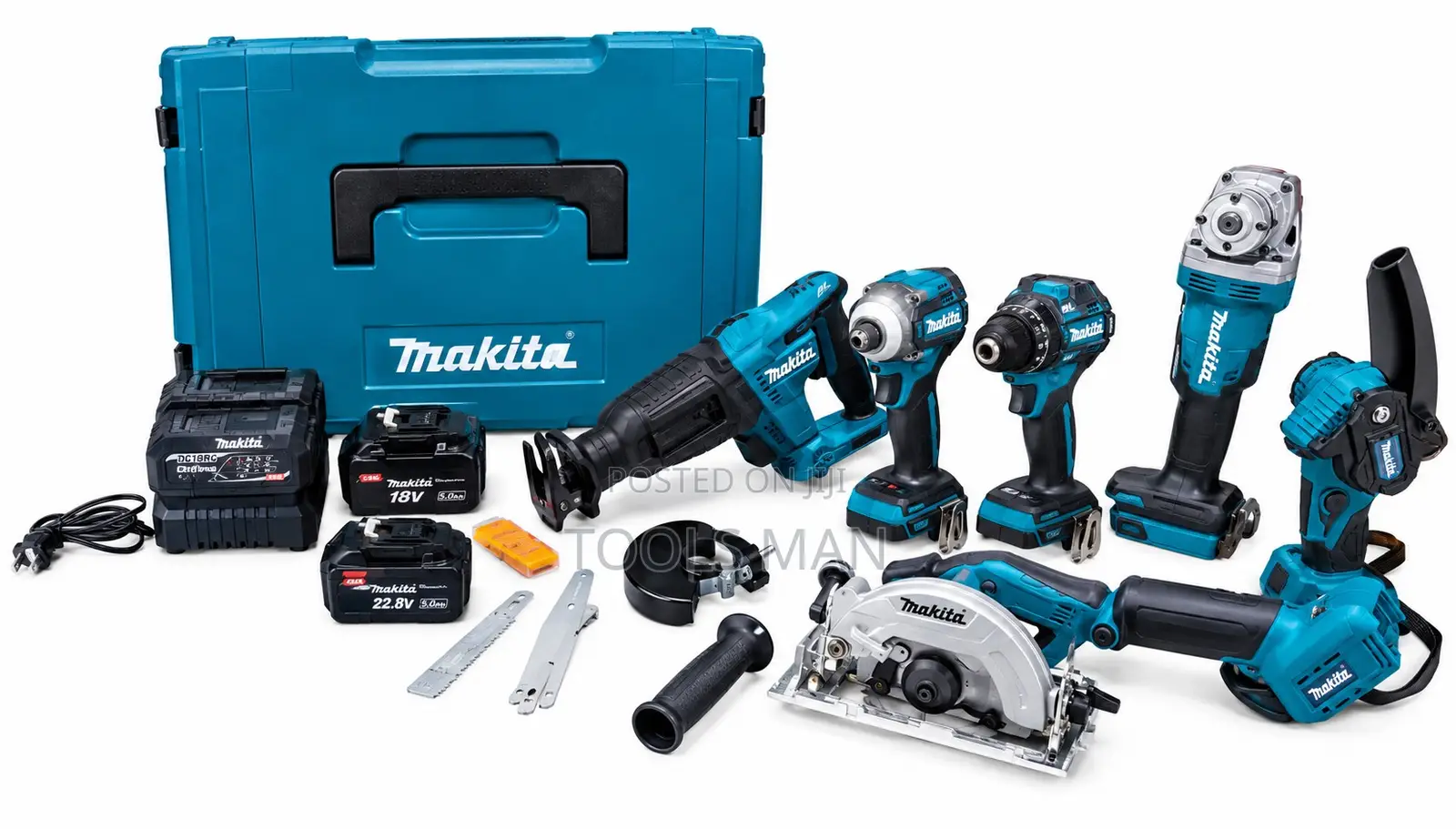 Cordless Power Tool Set 6-in-1 Makita Drill Grinder Saw 4 Batteries