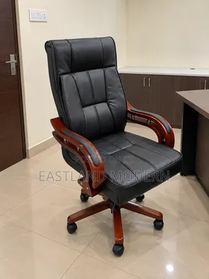 Executive Office Chair – Black Leather Wooden Armrest Chair