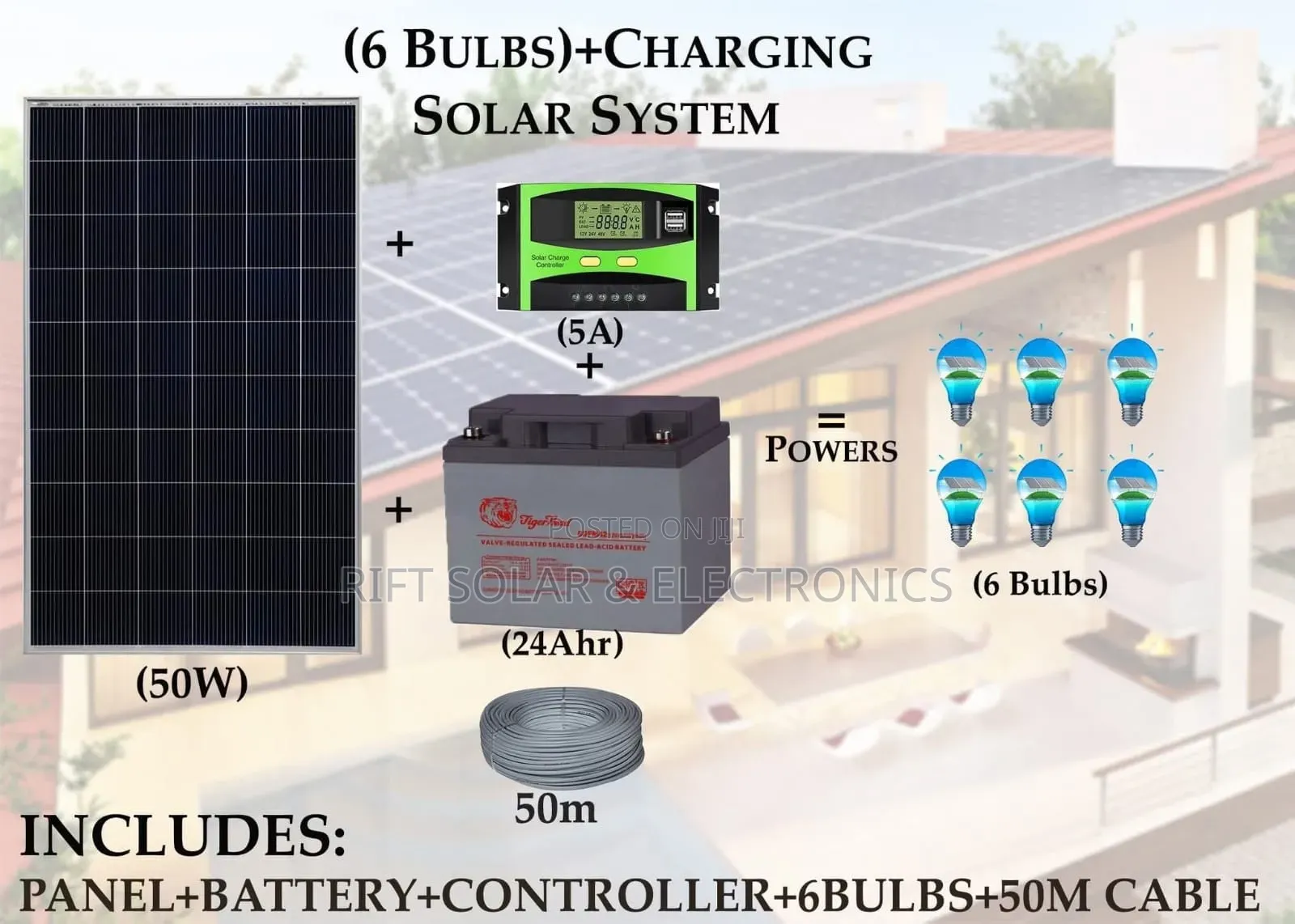 50w Solar + 18Ah Battery + 10A Controller + 3 DC Bulbs Lighting Kit