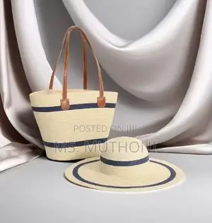 Woven Straw Tote Bag Paired With a Matching Wide-Brim Sun Hat