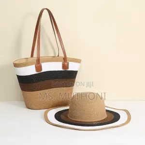 Woven Straw Tote Bag Paired With a Matching Wide-Brim Sun Hat