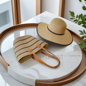 Woven Straw Tote Bag Paired With a Matching Wide-Brim Sun Hat