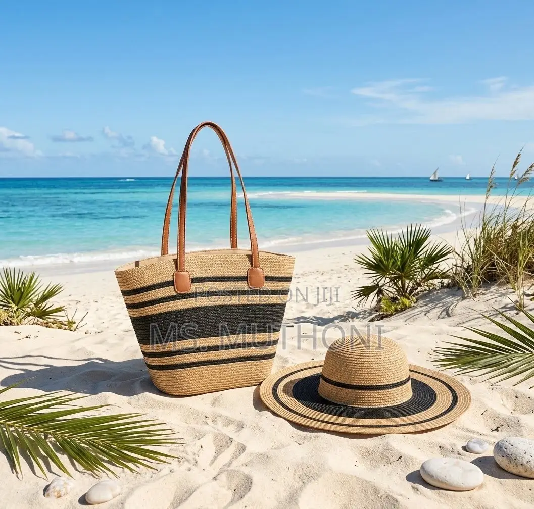 Woven Straw Tote Bag Paired With a Matching Wide-Brim Sun Hat