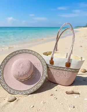 Woven Straw Tote Bag Paired With a Matching Wide-Brim Sun Hat