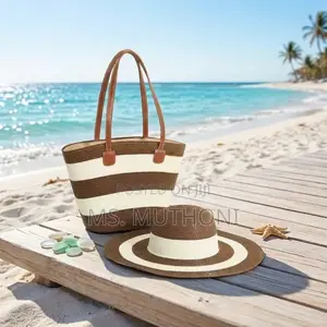 Woven Straw Tote Bag Paired With a Matching Wide-Brim Sun Hat