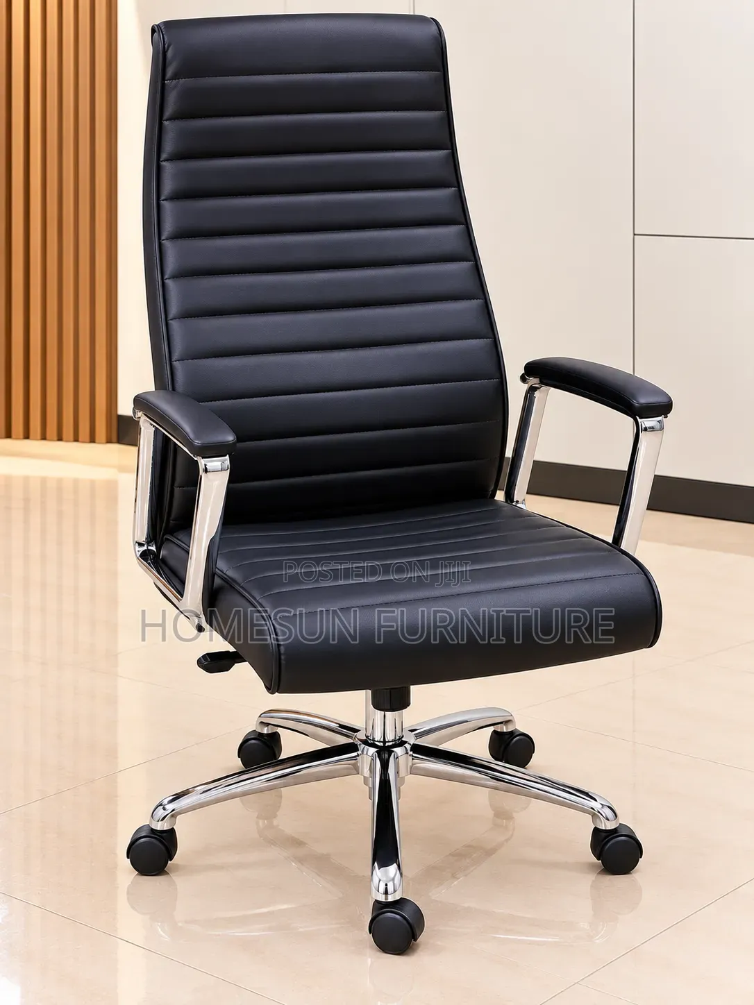 Executive Office Chair Black Leather Chrome Armrests