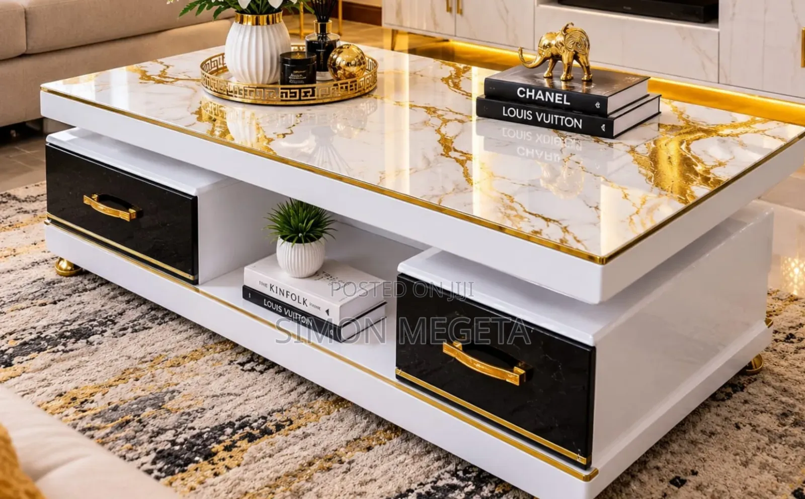 Executive White Coffee Table With Marble Topping