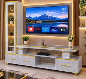 Executive Extended TV Stand With Marble Coating and Shelf Cabinet