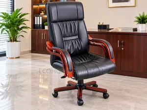 Executive Office Chair – Black Leather With Wooden Armrests