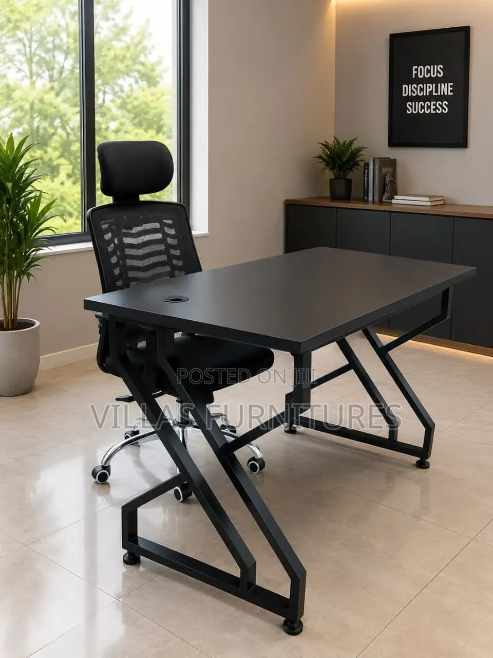 Metallic Table and Strong Mesh Headrest Chair