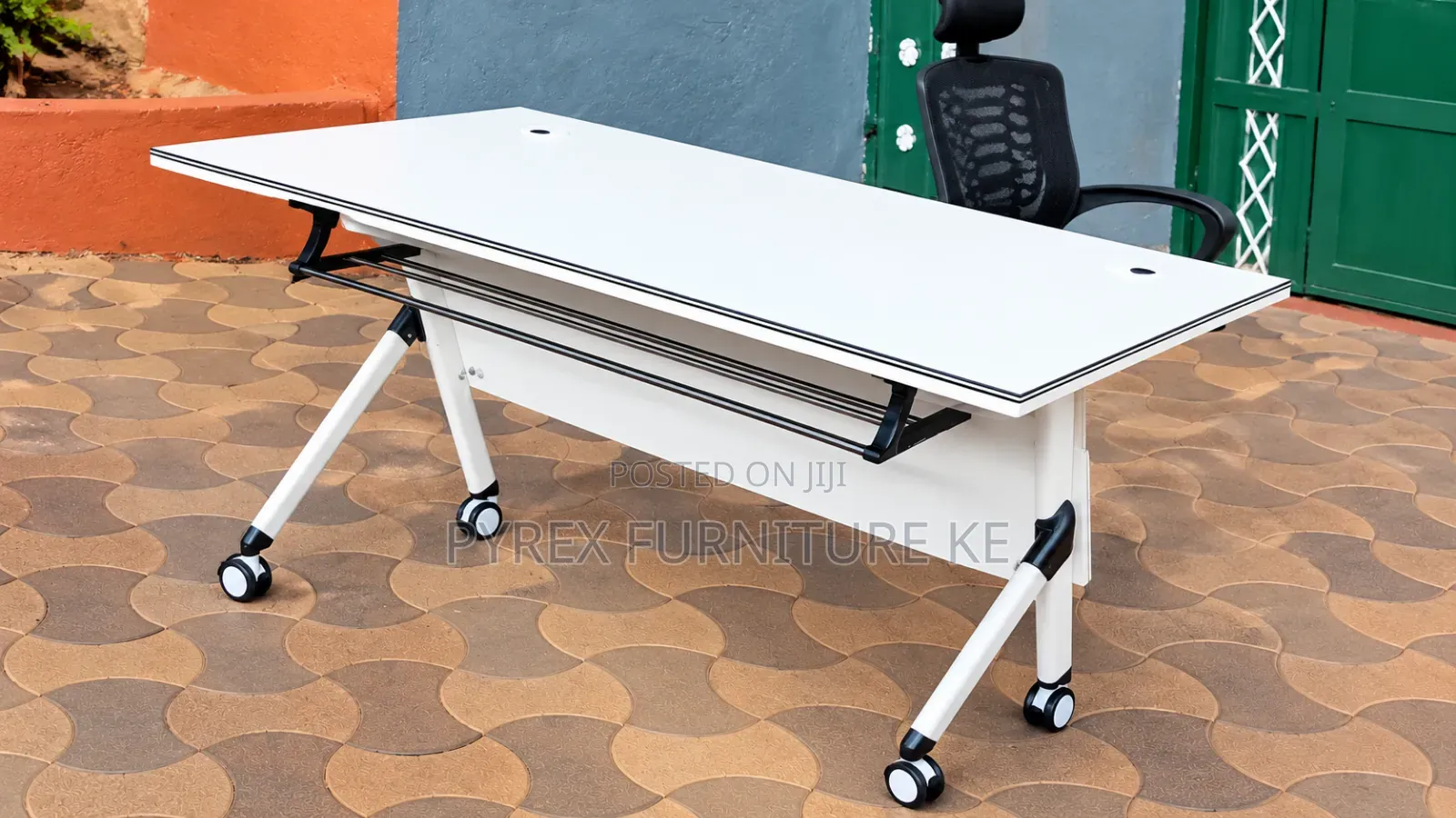 White Rectangular Conference Table on Wheels With Black Mesh Chair