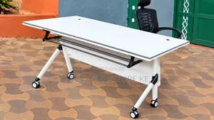 White Rectangular Conference Table on Wheels With Black Mesh Chair