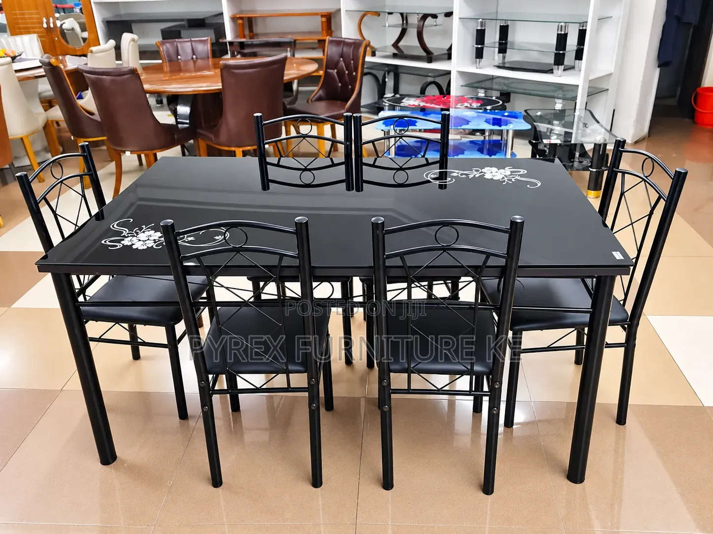 6 Chairs Rectangular Glass Dining Table With Steel Frame