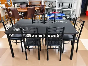 6 Chairs Rectangular Glass Dining Table With Steel Frame