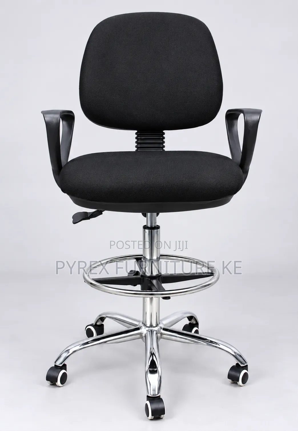 Black Fabric Drafting Stool With Armrests and Chrome Base