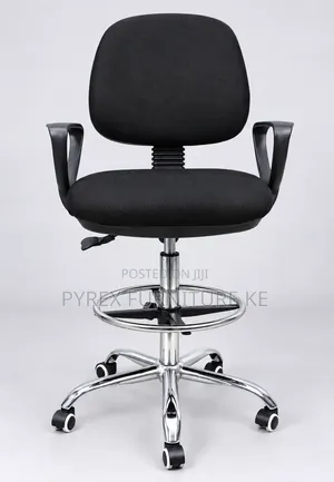 Black Fabric Drafting Stool With Armrests and Chrome Base