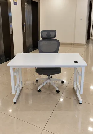 Modern White Office Desk With Ergonomic Mesh Office Chair