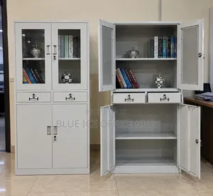 Modern Steel Office Cabinet With Glass Doors and Storage Shelves