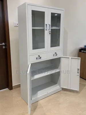White Steel Office Cabinet With Glass Doors
