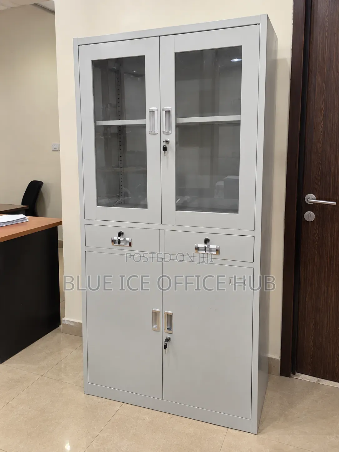 White Steel Office Cabinet With Glass Doors