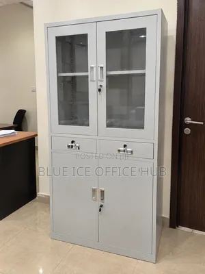 White Steel Office Cabinet With Glass Doors