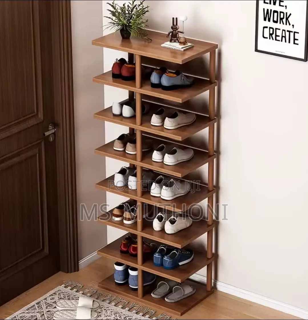 An 8-Tier Vertical Wooden Shoe Rack in Walnut Finish