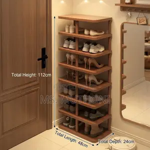 An 8-Tier Vertical Wooden Shoe Rack in Walnut Finish