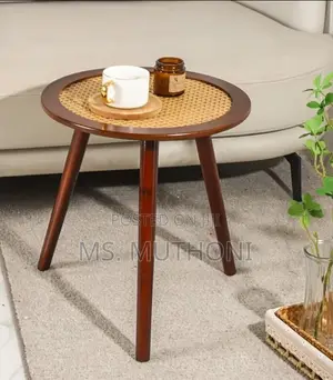 Round Wooden and Rattan Accent Side Table Featuring a Woven Cane