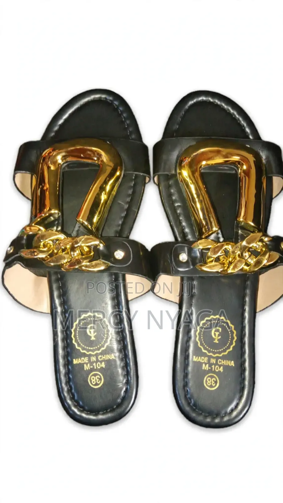 Black Gold Buckle Flat Sandals