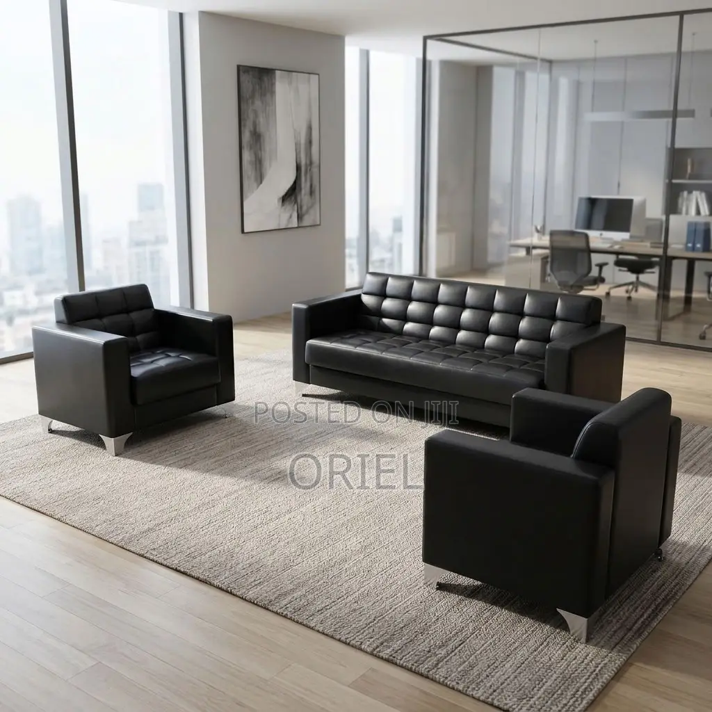 Offiec Bench : 5-Seater Padded Black Leather Office Couch Set