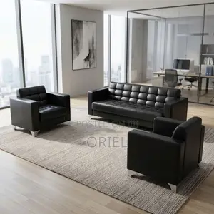 Offiec Bench : 5-Seater Padded Black Leather Office Couch Set