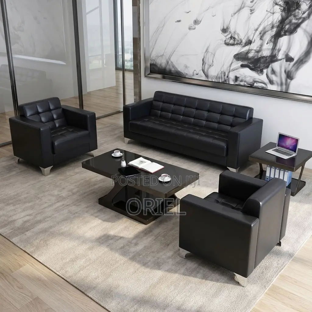 Offiec Bench : 5-Seater Padded Black Leather Office Couch Set