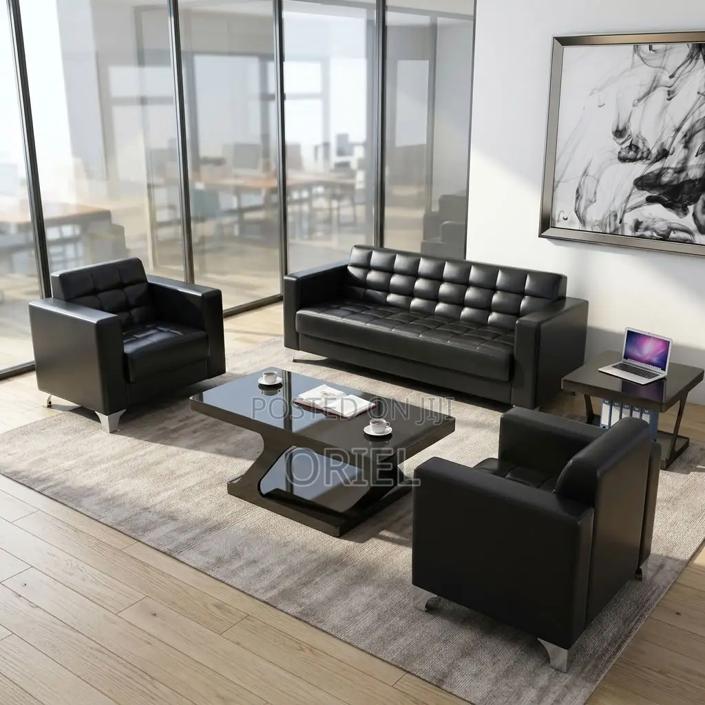 Offiec Bench : 5-Seater Padded Black Leather Office Couch Set