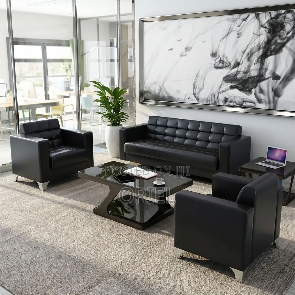 Offiec Bench : 5-Seater Padded Black Leather Office Couch Set